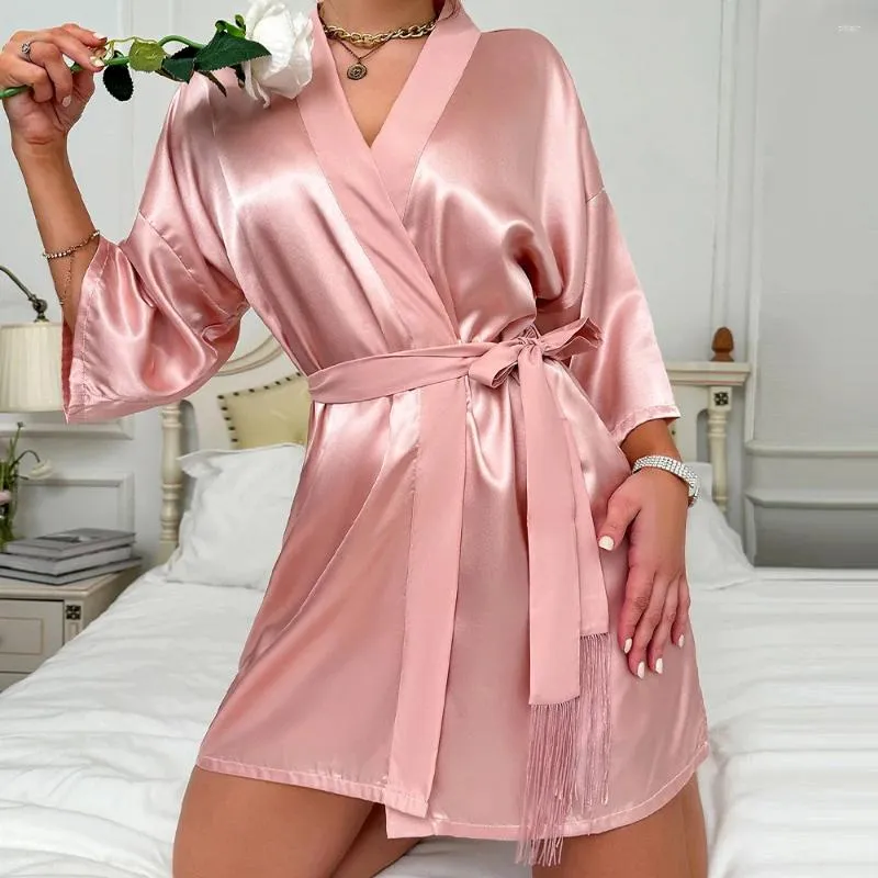 Vêtements de nuit pour femmes Jxgarb Sexy Bain Kimono Robes Glace Soie Femme Mariage Bridals Peignoirs avec ceintures de gland Dames Vêtements de nuit