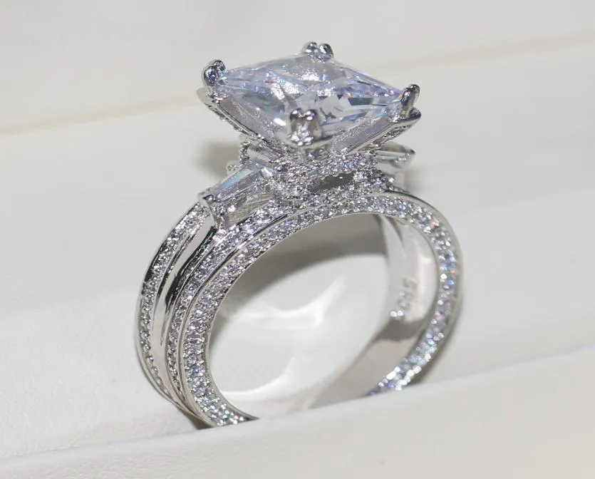 Vecalon Women Big Jewelry Pierścień Księżniczka Cut 10ct Diamond Stone 300pcs CZ 925 Srebrne zaręczynowe pierścionka ślubne Prezent7032632