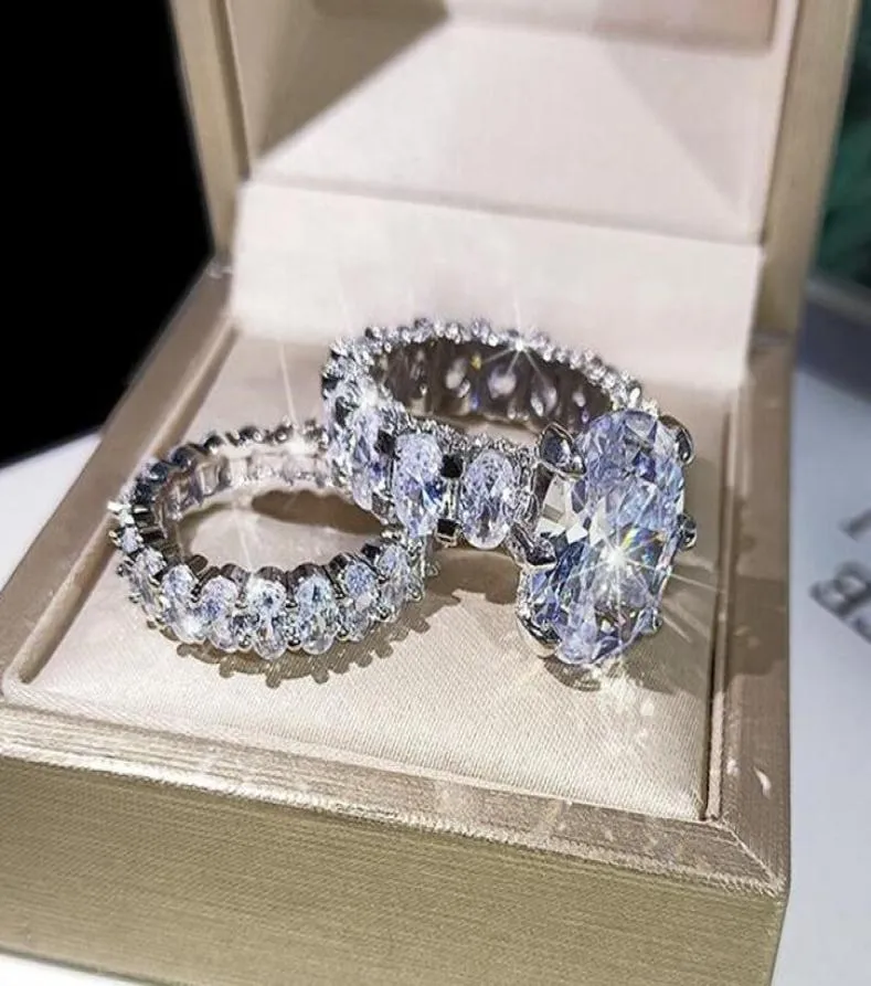 Nieuwe Fonkelende Sieraden Paar Ringen Grote Ovaal Geslepen Witte Topaas CZ Diamant Edelstenen Vrouwen Bruiloft Bruids Ring Set Gift wjl29977799485