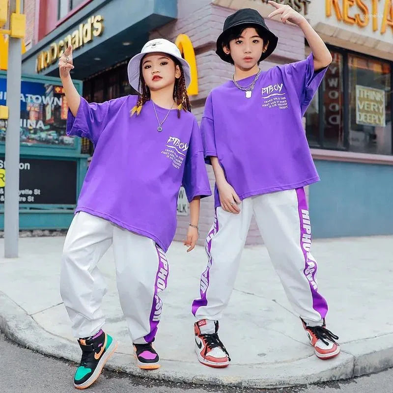 Stage noszenie letnie dzieci Hip Hop Boys Girls Street Dance Costume Purple T-shirts Krótkie rękawy strój Hip-Hop Pants Jazz BL6238