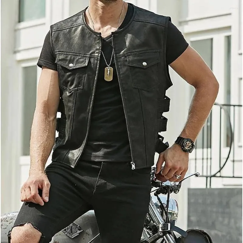 Chalecos para hombres Modern Biker Faux Leather Chalecoat para hombres Vestibles negros de motocicleta con múltiples bolsillos de clubes elegantes y sin mangas