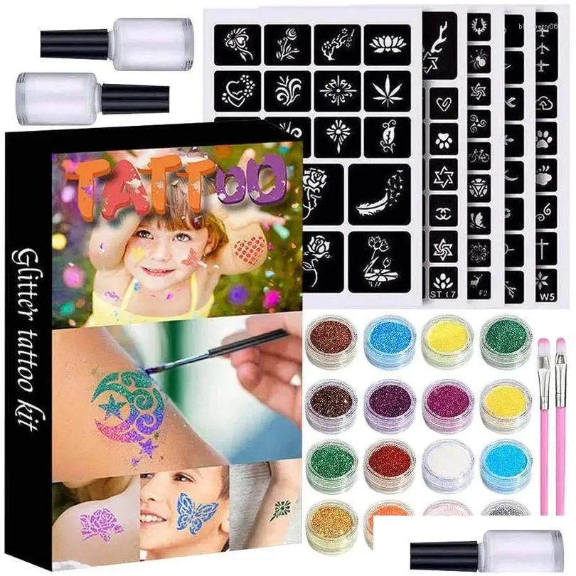 Tattoo Inks Glitter Tattos For Girls Tatto Set With 24 Glitters 120 Unique Stencils Easy To Use 5 2 Brushes Kids Drop Delivery Health Otjom