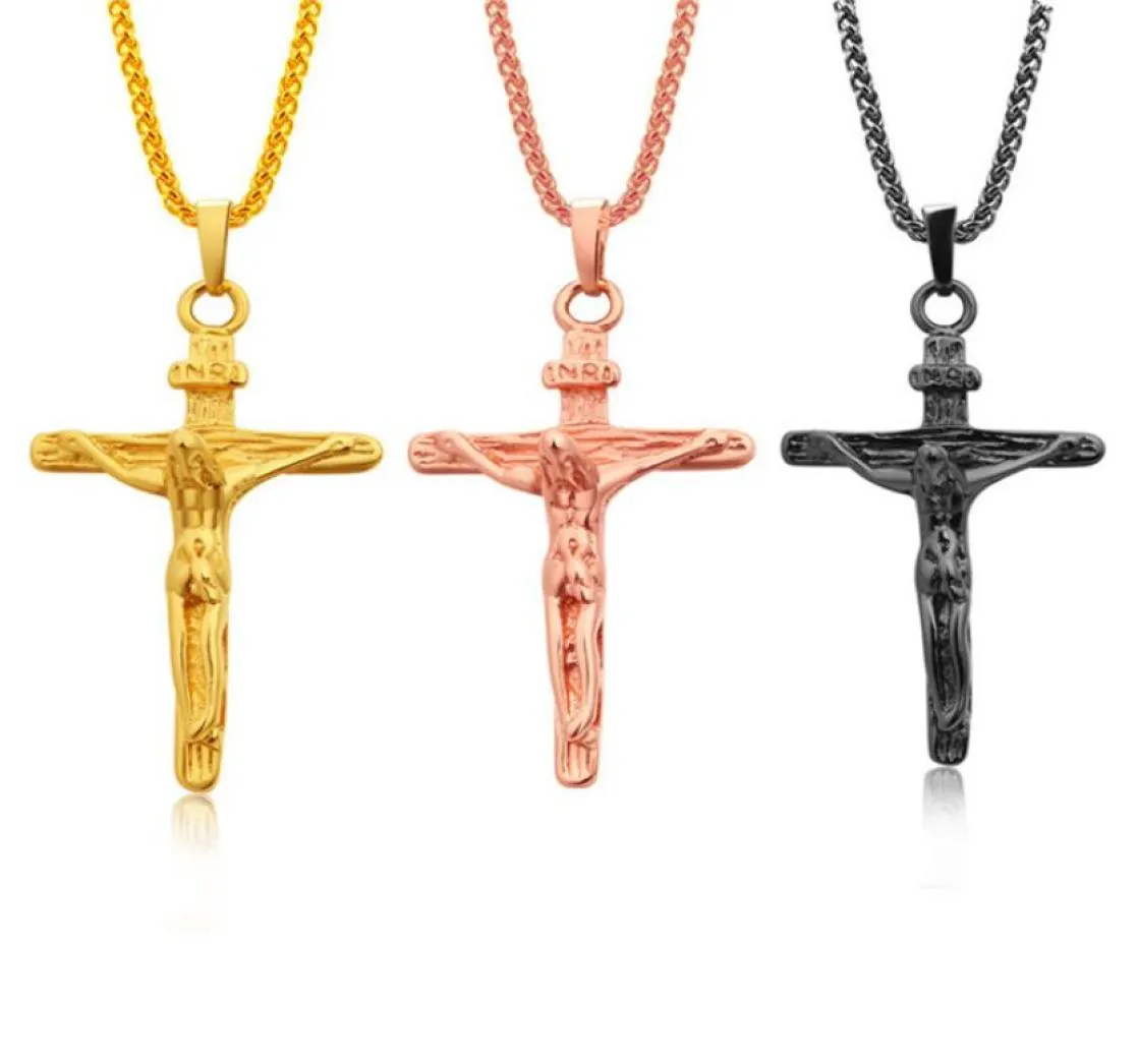 Kruzifix Halskette Gold/Roségold/Schwarz Pistolenfarbe Edelstahlkette für Männer Schmuck Jesus Stück Goldketten für Männer5684110