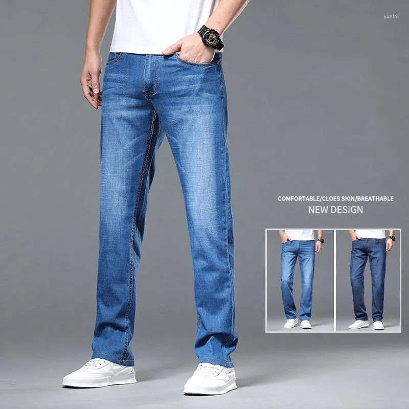 Jeans masculinos soltos em linha reta material de algodão negócios casual elástico calças jeans primavera/verão marca juventude de grandes dimensões