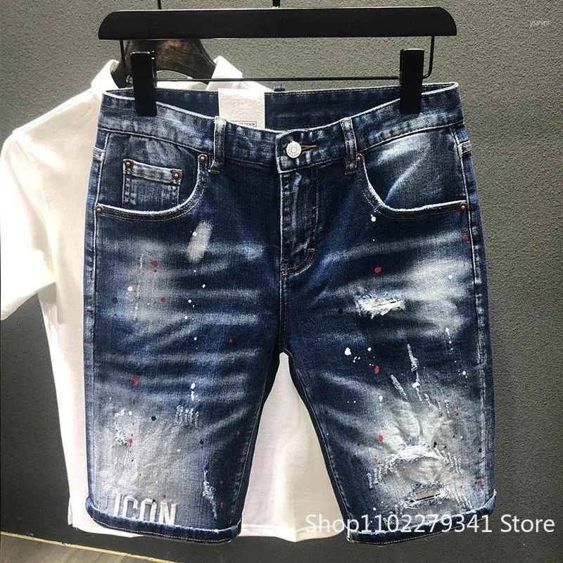 Jeans da uomo Pantaloncini di jeans blu da uomo Strappati estivi di alta qualità in cotone maschile elasticizzato con fori taglia 38