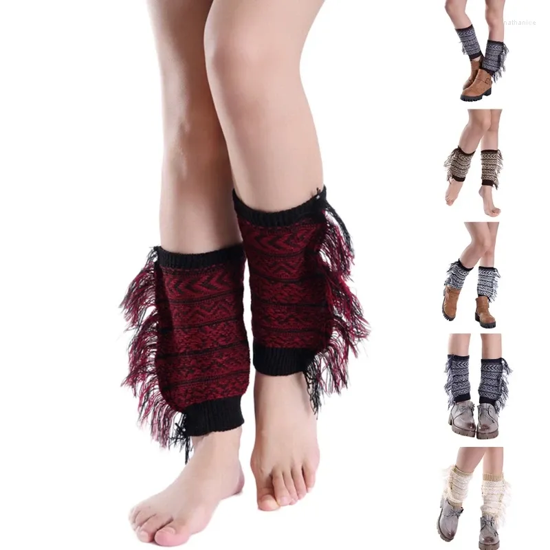 Women Socks Bohemian Boot Cuffs Toppers Side Fringed Tassels Crochet Knit Short Geometric Striped Print Calf