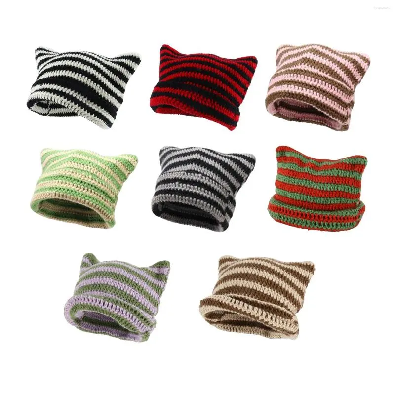 Berets Winter Crochet Hat Knitted Cap Fashion Headwear Soft Handmade Vintage Style Clothing Po Props Striped Women Beanie For Female