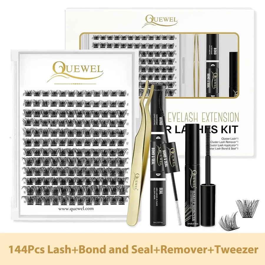 Quewel Diy Lashes Extension Kit 144-delige wimperclusters met 72 uur langdurige Bond en Seal Lash Remover Gouden pincet Gemakkelijk aan te brengen 240119