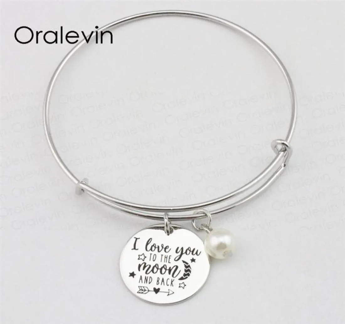 I LOVE YOU TO THE MOON AND BACK Inspirational Hand Stamped Engraved Charm Pendant Expandable Bracelet Handmade Jewelry 10Pcs Lot 9331817