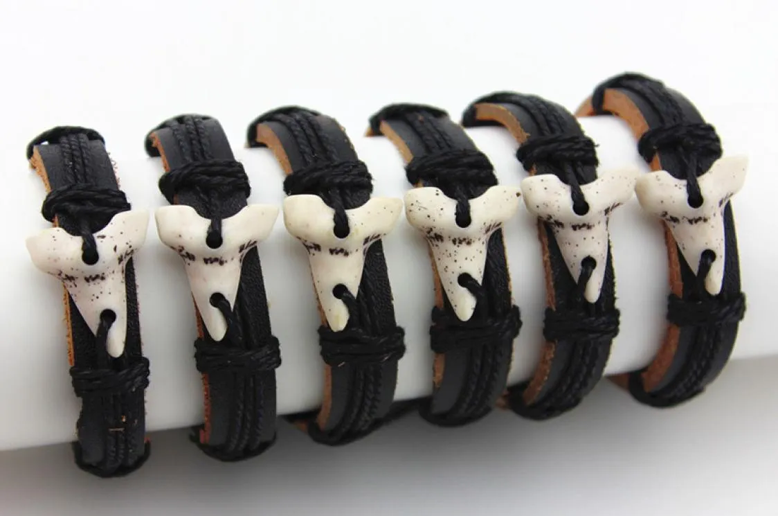 Fashion Jewelry Wholesale lot 12PCS Imitation Tooth Pendant Surfer Leather Bracelets Hemp Leather Bangle Gift MB809802733