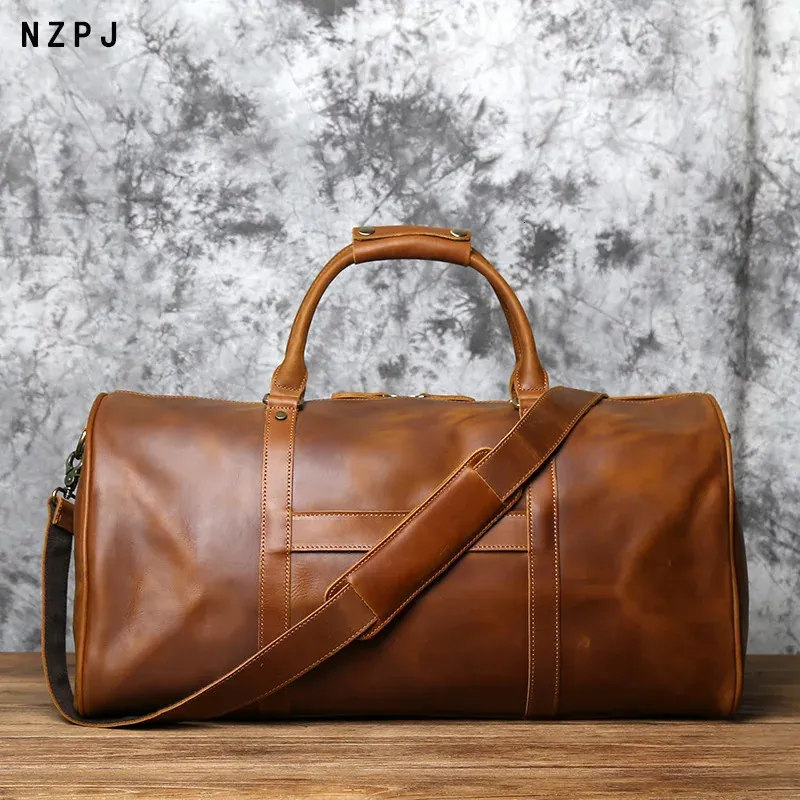 NZPJ Herren Retro-Leder-Reisetasche mit großem Fassungsvermögen, Crazy Horse-Lederhandtasche, obere Schicht Rindsleder, Geschäftsreise-Umhängetasche 240130