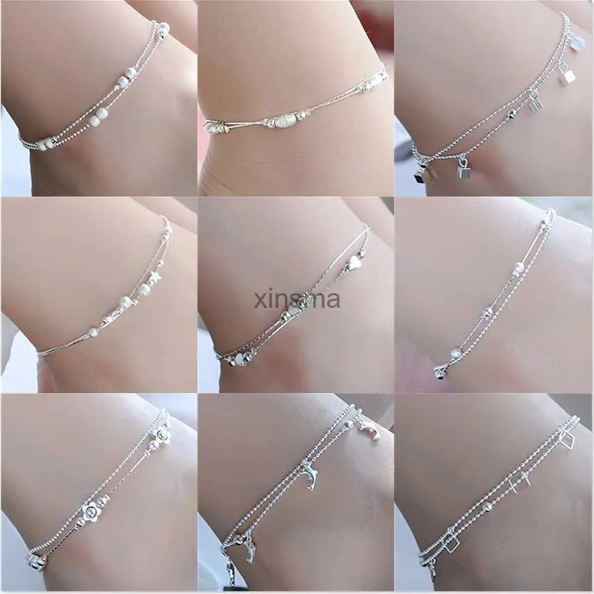 Cavigliere in argento sterling con timbri a colori Cavigliere per le donne Piede Gamba Bracciale a maglie a catena Doppi strati Accessori da spiaggia Gioielli di moda YQ240208