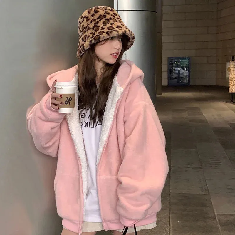 XPQBB Pink Plus Sweatshirts المخملية ذات السواسح الخريف شتاء السوستة سماكة الدفء الدافئ المرأة معطف من الصوف الطالب الكوري.