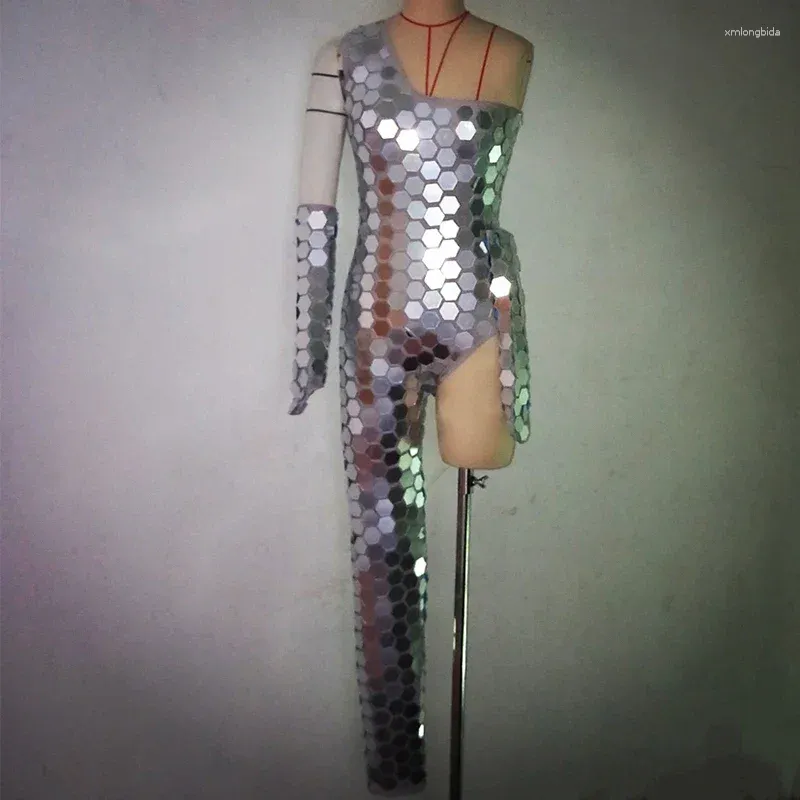 Scene Wear Men Women spegel kostym Dance Performance Clothing Nightclub Silver Sequins High Score One-Ben Jumpsuit