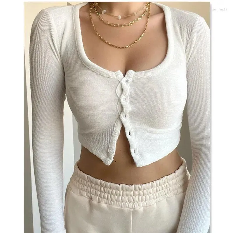 Women's T Shirts Fashion Scoop Neck Crop Tops Long Sleeve Solid Color Button Down T-Shirt Blouse Tube Top Streetwear Y2k Summer