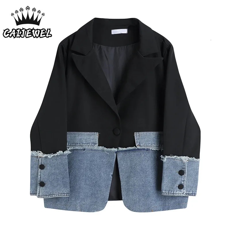 Уличная одежда, корейский модный женский лоскутный джинсовый пиджак, пальто, мешковатые женские топы для пожилых людей, черные куртки, верхняя одежда 240202