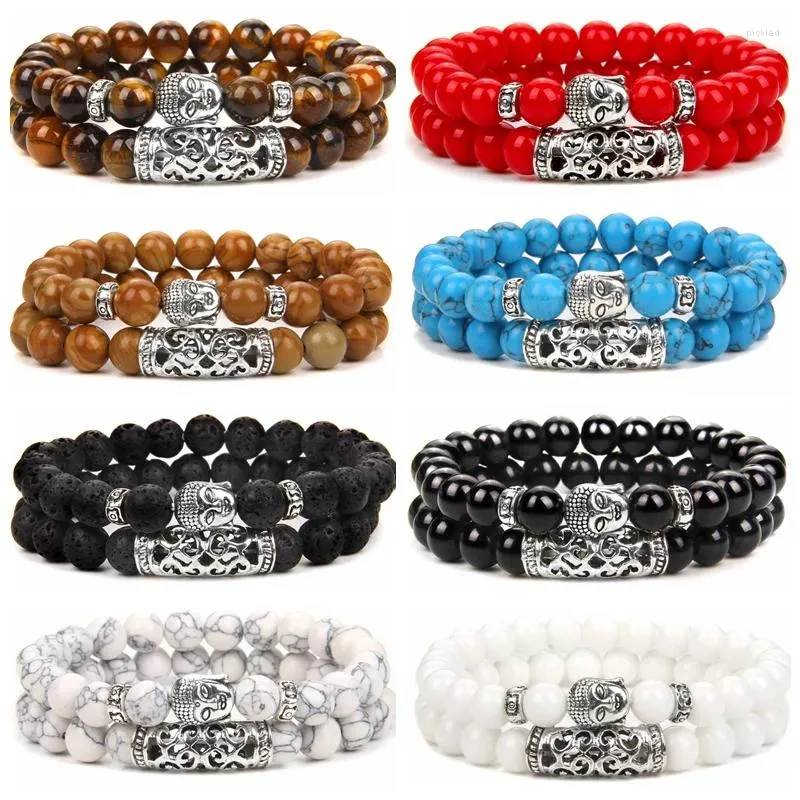 Strand Tibétain Tête De Bouddha Charme Bracelets Double Couche Naturel Oeil De Tigre Pierre De Lave Perles Bracelet Pour Femmes Et Hommes Yoga Bijoux Cadeau