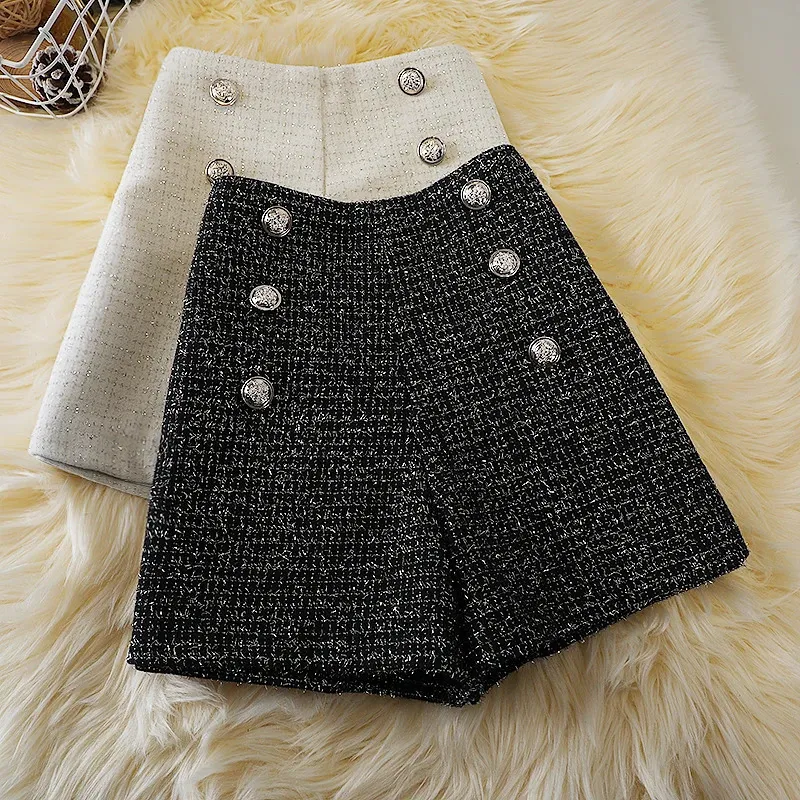 Women's breasted woolen shorts autumn winter large size small fragrance style wide leg pants high waist a-line pants trend 240123