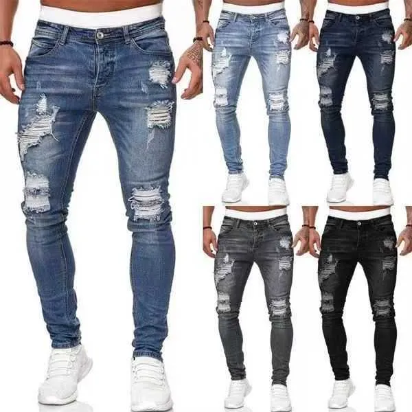 Jeans voor heren, Cowboy Trend, broek met kleine pijpen en gaten, nieuwe slanke pasvorm, lang in Xintang
