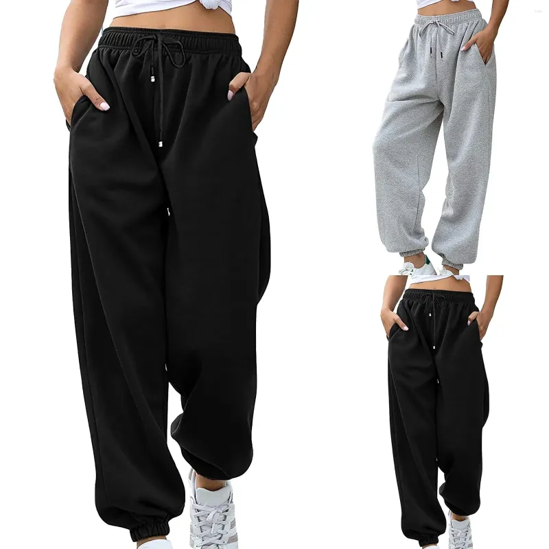 Calças femininas Mulheres Sweatpants Corredores Workout Cintura Alta Calças de Yoga com Bolsos Cor Sólida Cordão Casual Harem