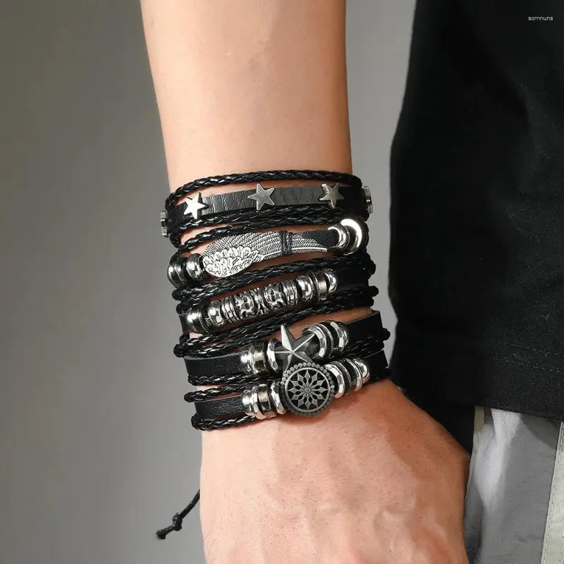 Charme pulseiras 5 peças personalidade ajustável mão tecido pulseira de couro conjunto para homens punk cinco pontas estrela asa homens jóias