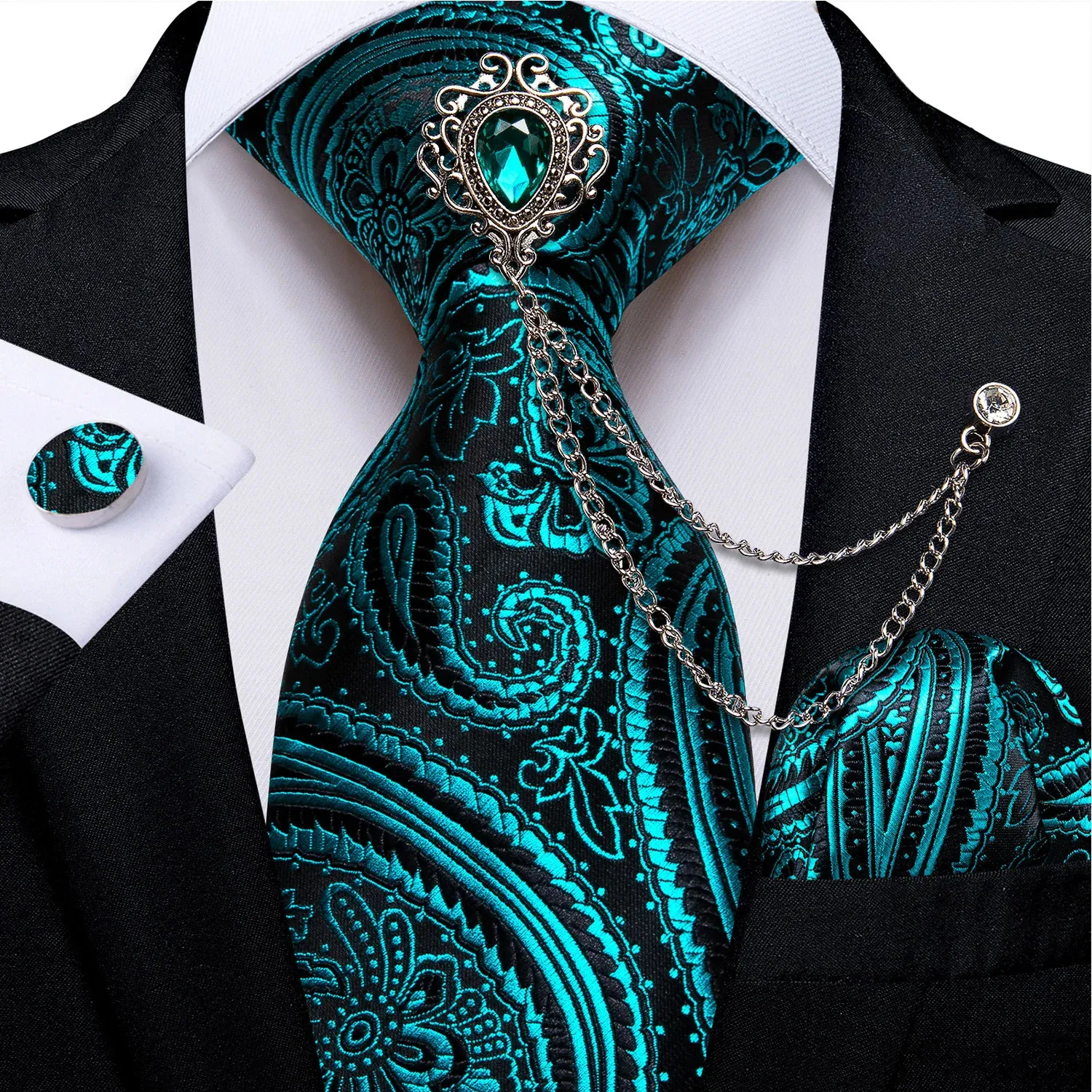 Design Teal Blue Paisley Floral Silk Ties 8cm Mens Wedding Party Business Necktie Hanky Brooch Cufflinks Set Cravat DiBanGu 240123
