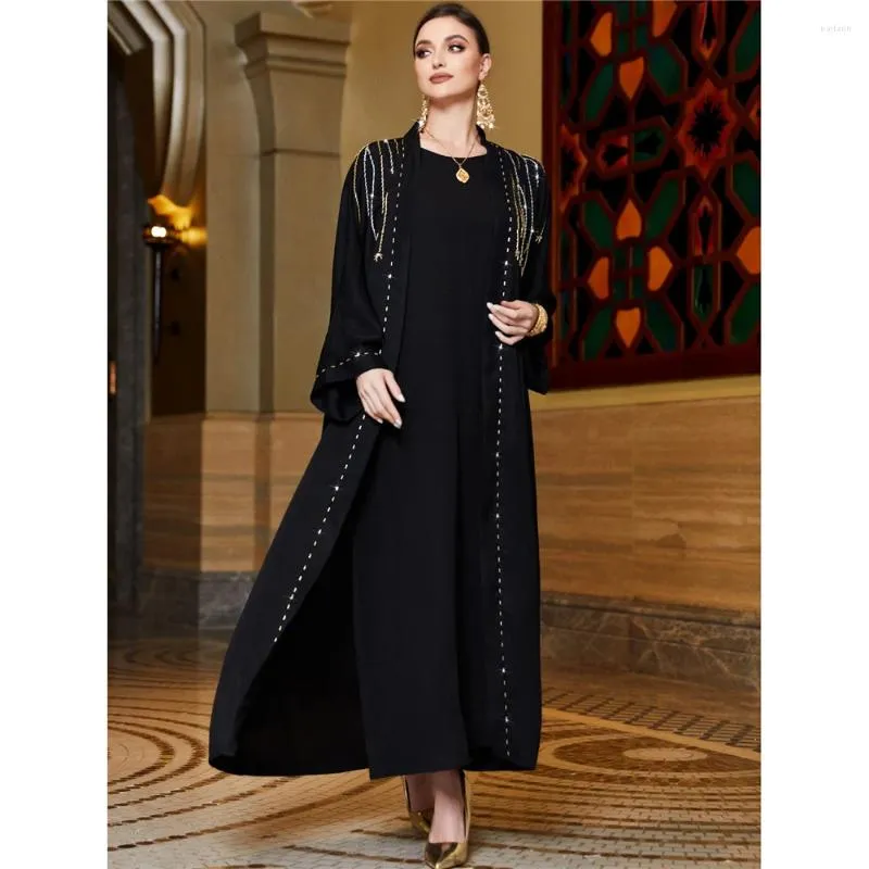 Etnik Giyim El Dikilmiş Boncuk Açık Abayas Kadın Müslüman Satin Lüks Hırka Kimono Elbise Türkiye Eid Partisi Fas Robe Kemer Kaftan