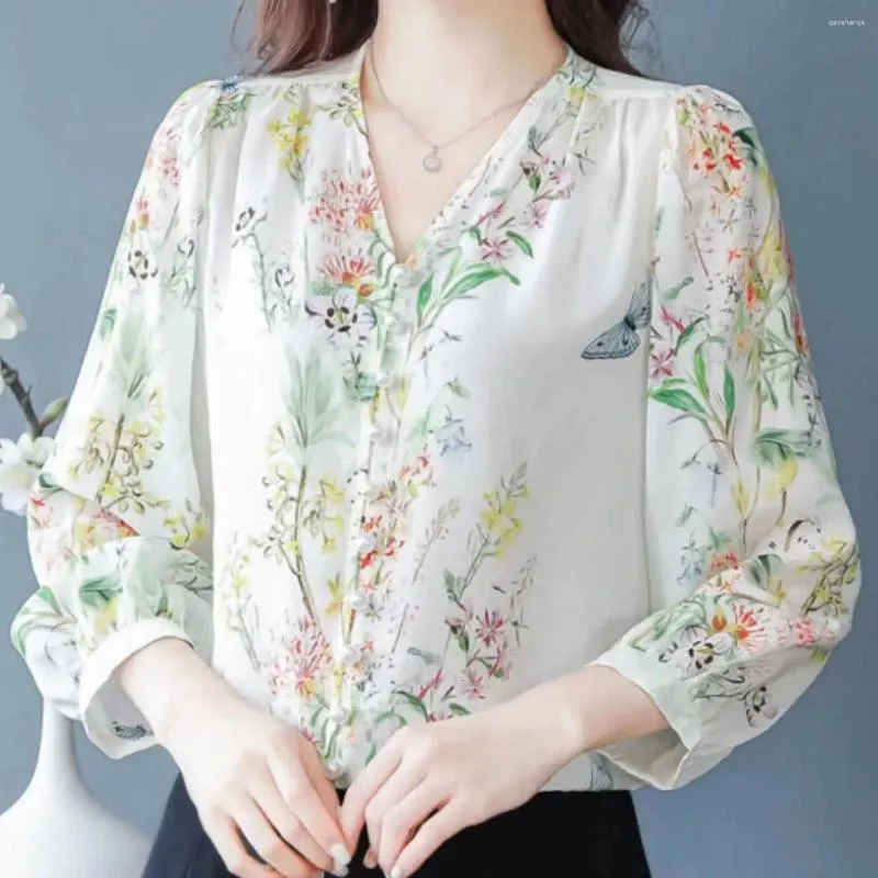 Damesblouses V-hals Retro Bedrukt Shirt Voor 2024 Mode Bloemen Single Breasted Blouse Dames Elegante Top Blusa Vrouwelijke