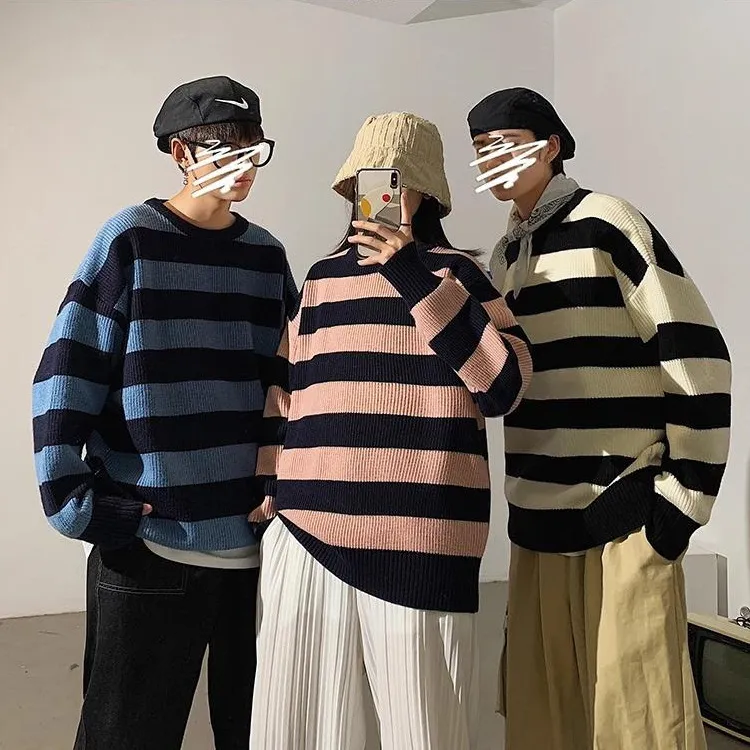 سترة Harajuku Streetwear مخططة لاعبي القفزات الرجال نساء خمر pullovers tate langdon نفس النمط