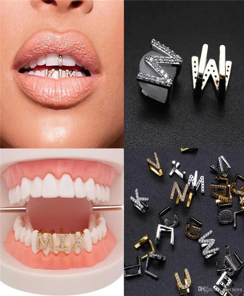 Ouro Branco Ouro Iced Out AZ Carta Personalizada Grillz Dentes Cheios de Diamante DIY Grills Tampa de Dente Inferior Hip Hop Dental Boca Dentes Brac5932880