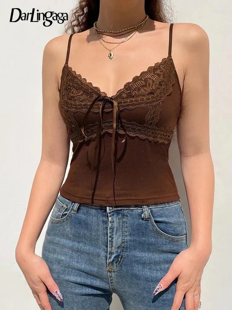 Women's Tanks Darlingaga Y2K Retro Fashion Lace Patchwork Brown Crop Top Grunge Fairycore Strap Bow Camisole Slim Basic Summer Women Tops