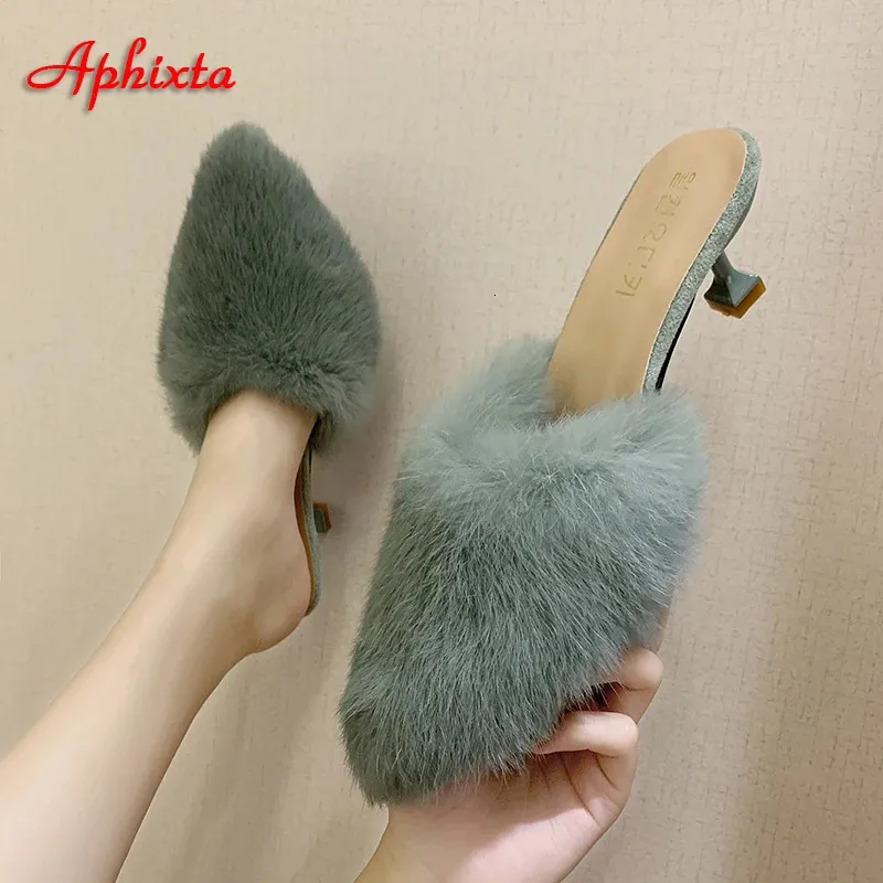 Aphixta 6 cm talons fins hiver réel fourrure de lapin en peluche femmes pantoufles Nature chaud fourrure chaussures cheveux diapositives pantuflas mujer 240118