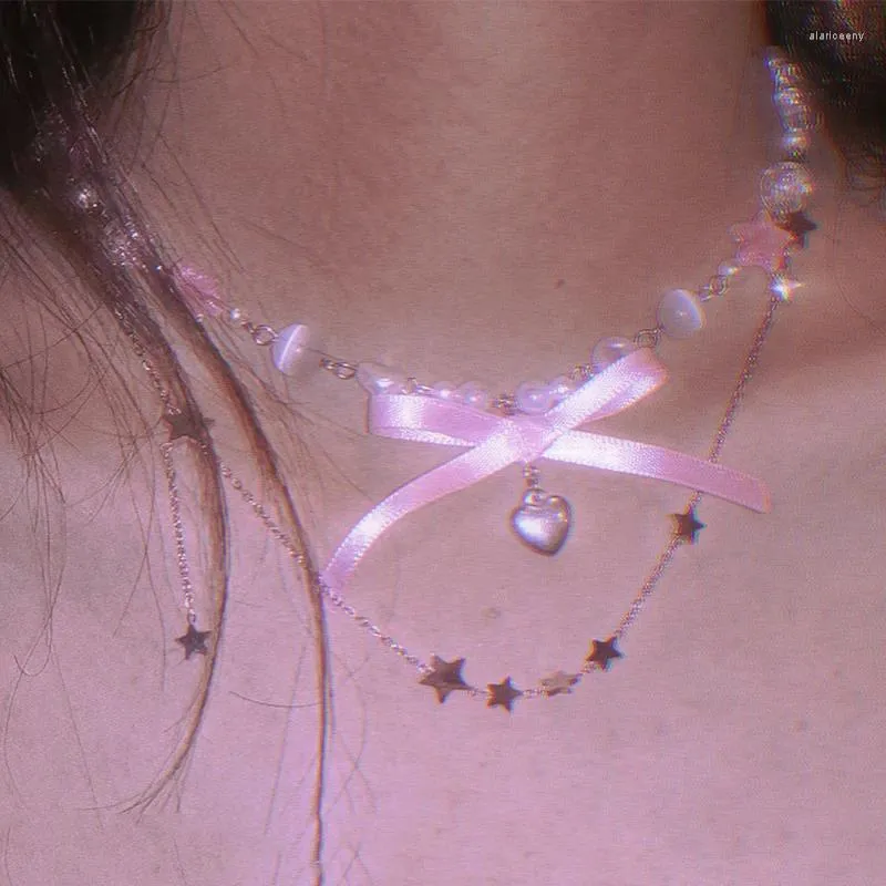 Pendentif Colliers Y2K Bijoux Coeur Perle Collier Kawaii Accessoires Harajuku Rose Arc Pour Femmes Coréenne Mode Étoile Ras Du Cou