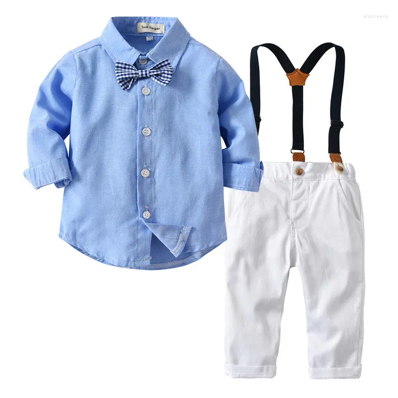 Kläderuppsättningar 2024 Autumn Boys 'Gentleman Strap Pants Set 70-140 cm långärmad slips en pojke kläder skjorta och