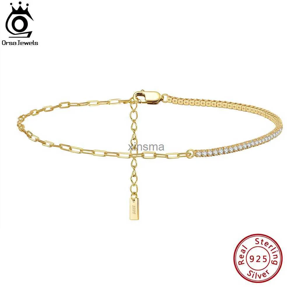 Anklets Orsa Klejnoty 925 Srebrny srebrne łańcuchy zaczepu papieru Tennis Anklety dla kobiet Summer Cuubic Zirconia Saot Chain Gold Jewelry SA21 YQ240208