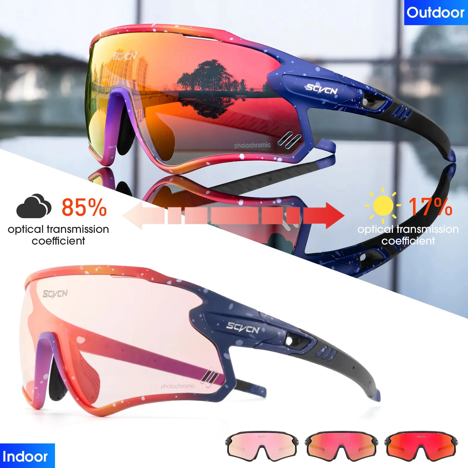 SCVCN RED BULE POCHROMIC SUNGLASSES MTB ROADサイクリンググラス男性女性スポーツランニングGOGGLE UV400自転車自転車アイウェア240131