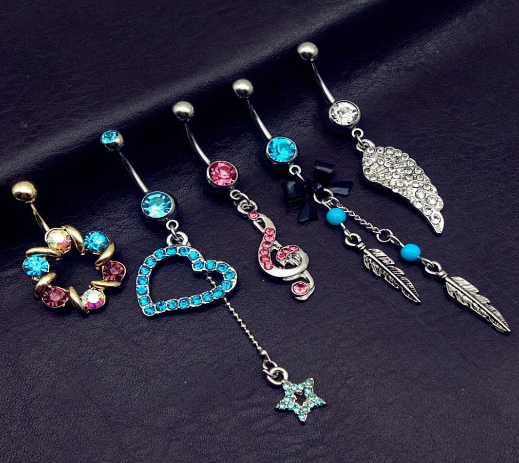5pcs mix style vintage blue Turquoise wings note star bow long dangle navel belly bar button rings body piercing jewelry3352555