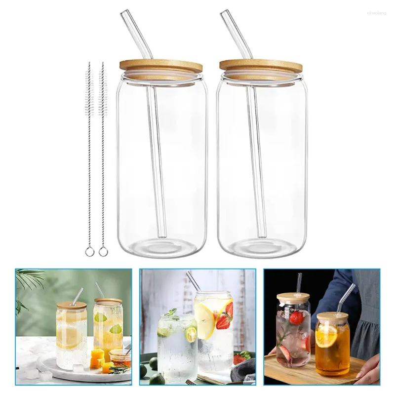 Wine Glasses 2 Sets Portable Glass Cups Bottles With Lids Bamboo Transparent Water Container