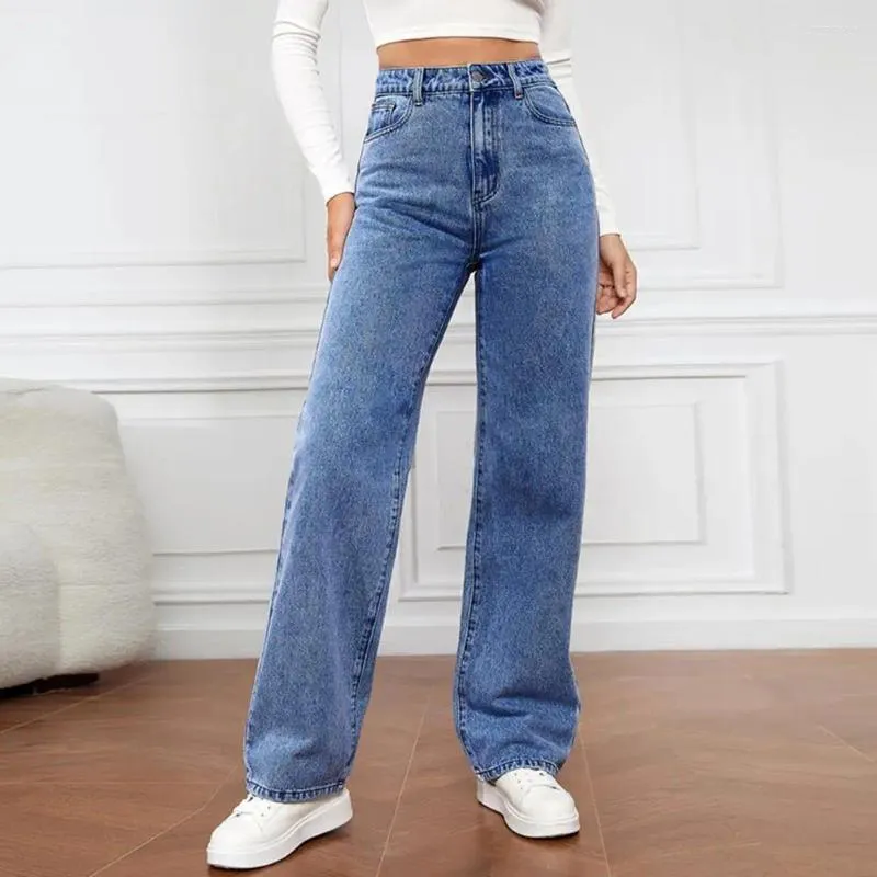 Jean femme taille haute pantalon en Denim confortable taille haute jambe large avec poches droites rétro coupe ajustée complète pour un