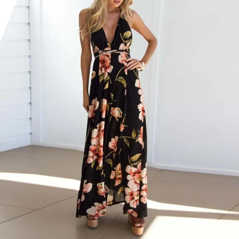Vestidos casuais feminino estilingue floral longo maxi vestido de verão impressão chegada verão boho v-pescoço sem mangas festa praia estilo