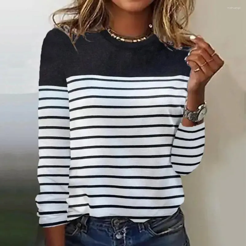 Women's Blouses Striped Print Top Breathable Patchwork T-shirt Casual Simple Style For Daily Wear In Fall Spring Women Long