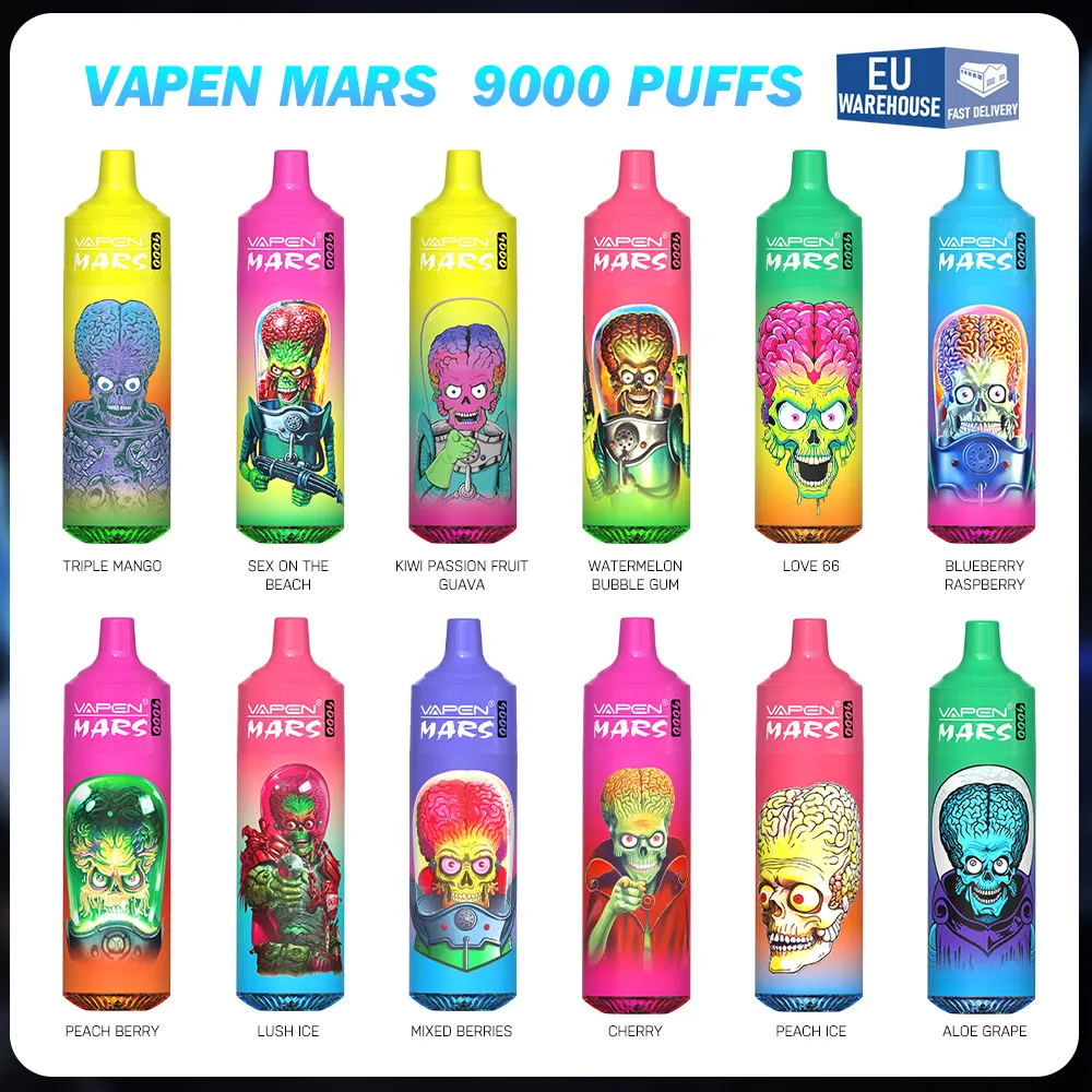 Authentic Vapen Mars 9000Puffs 9K Puff Disposable Ecigaretter 0% 2% 5% 600mAh Battery Mesh Coil uppladdningsbar RGB -ljusvap