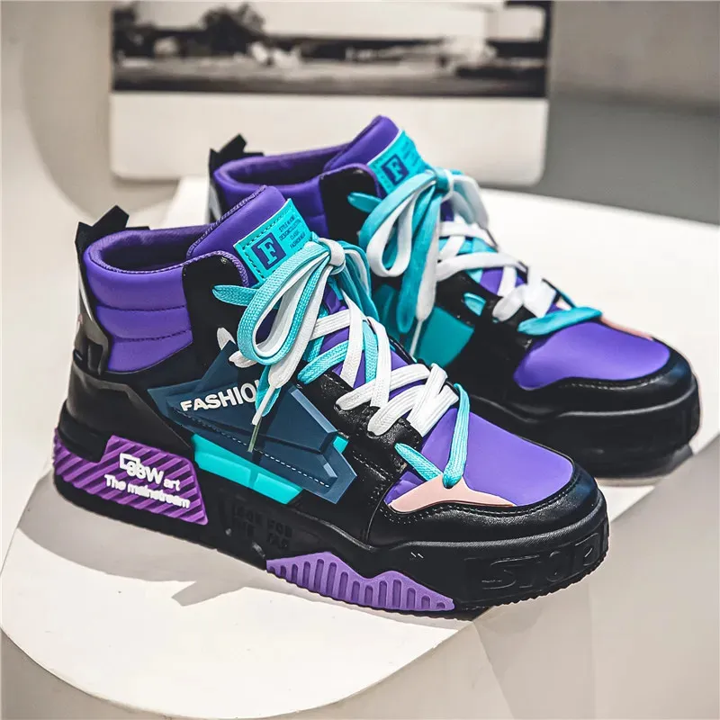 Winter High Top Skateboarding Shoes Man Fashion Purple Casual Leather Sneakers Men Trend Outdoor Nonslip Mens Skateboard 240123