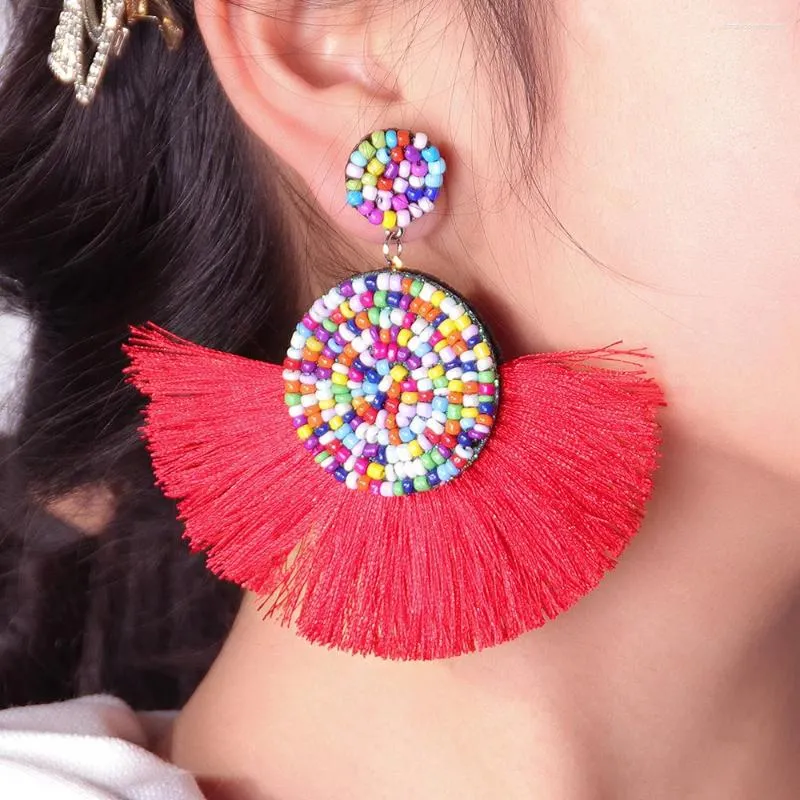 Pendientes De Botón Bohemio Colorido Redondo Cuentas De Arroz Borla Para Mujeres Retro Elegante Temperamento Declaración Pendiente Moda Joyería Femenina