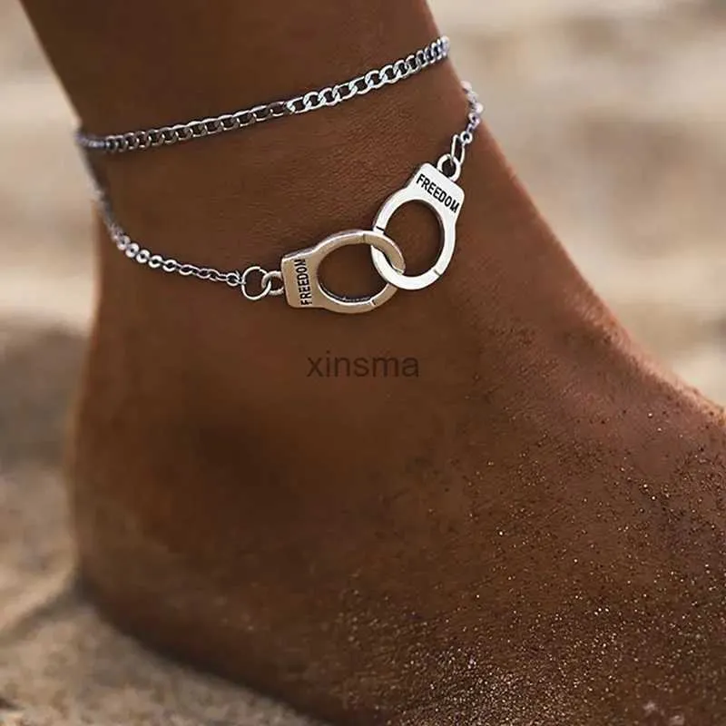 Anklets Delysia King Sexy Women Summer Handcuffs Anklet Trendy Double Layer Printing Freedom Ankle Chain YQ240208