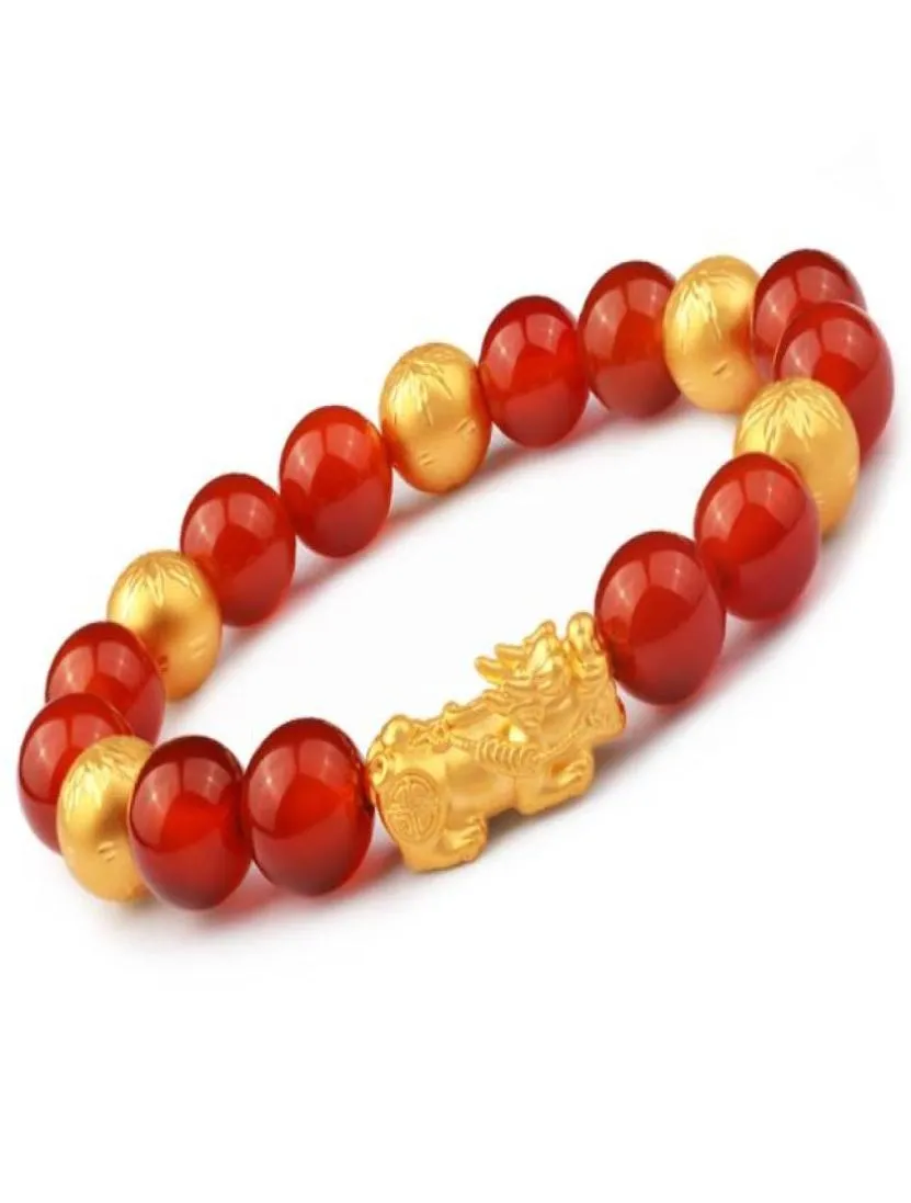 Bracelet de perles d'agate rouge plaqué or Pixiu, breloques d'animaux, transfert vietnamien, chance, mascotte, cadeau pour femmes62520008522828