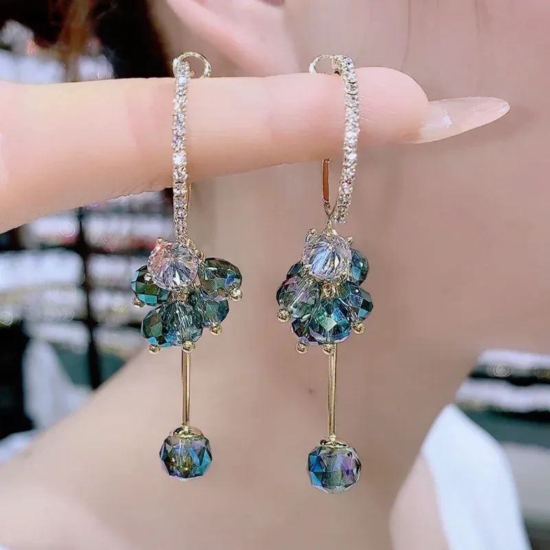Korean Fashion Blue Crystal Flower Drop 14k Yellow Gold Earrings for Women Zircon Dangle Earring Trendy Statement Party Earring Jewelry Gifts