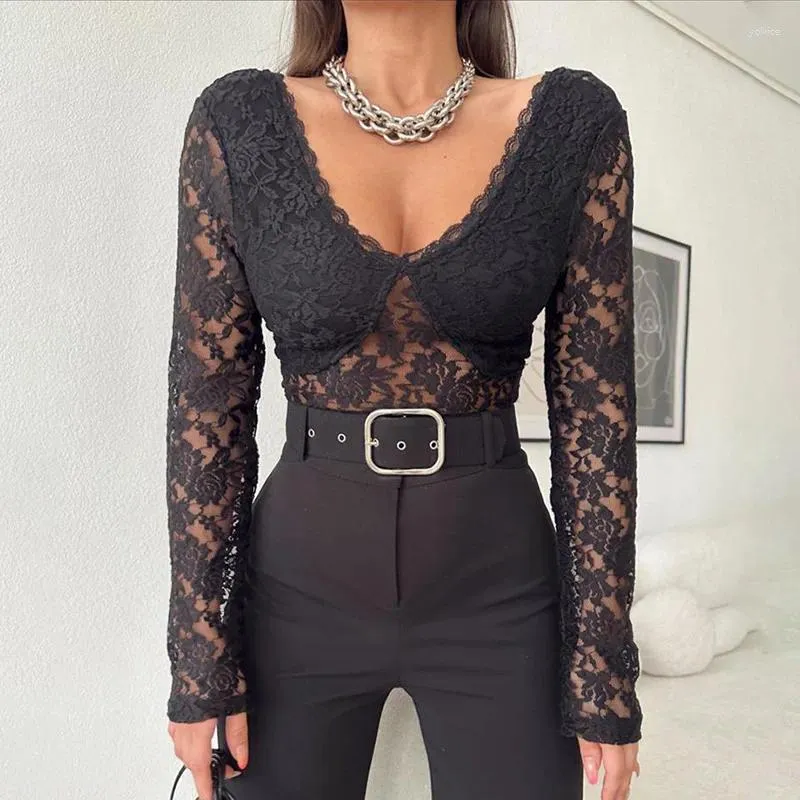 Women's Blouses Fashion Women Fitted Crop Tops V Neck Backless Long Sleeve Floral Lace Shirt Summer Streetwear Clubwear S M L