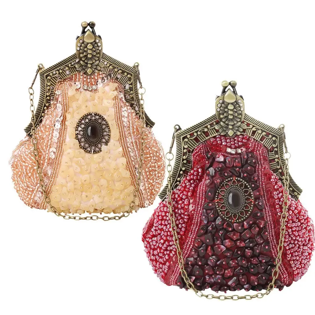 Women Antique Crystal Pored Brodery Party Chain Clutch Vintage Sequined Purse Evening Handbag Wedding Brud Bag 240118