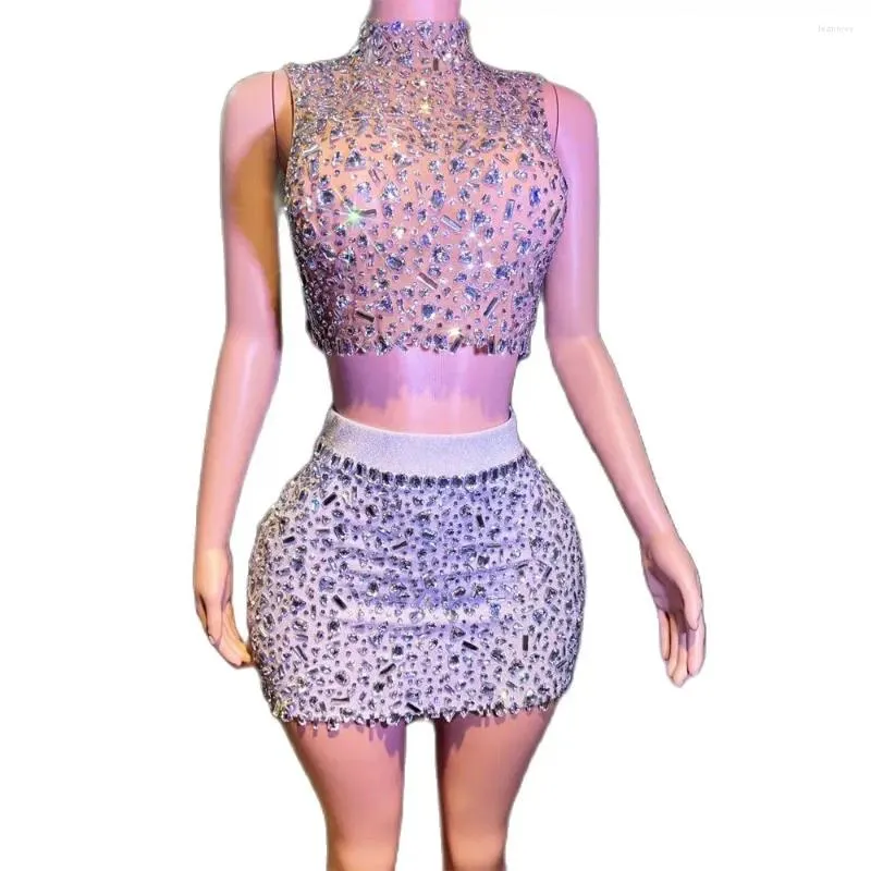 Stage Wear Shiny Performance Costume Nightclub Bar Female Sexy Mesh Perspective Full Diamond Singer Dance Party GOGO Top Skirt Set